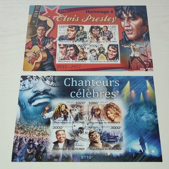 Music Lot 2 Stamp Mini Sheets Famous Singers Elvis Presley Frame Art Collection - Picture 1 of 5